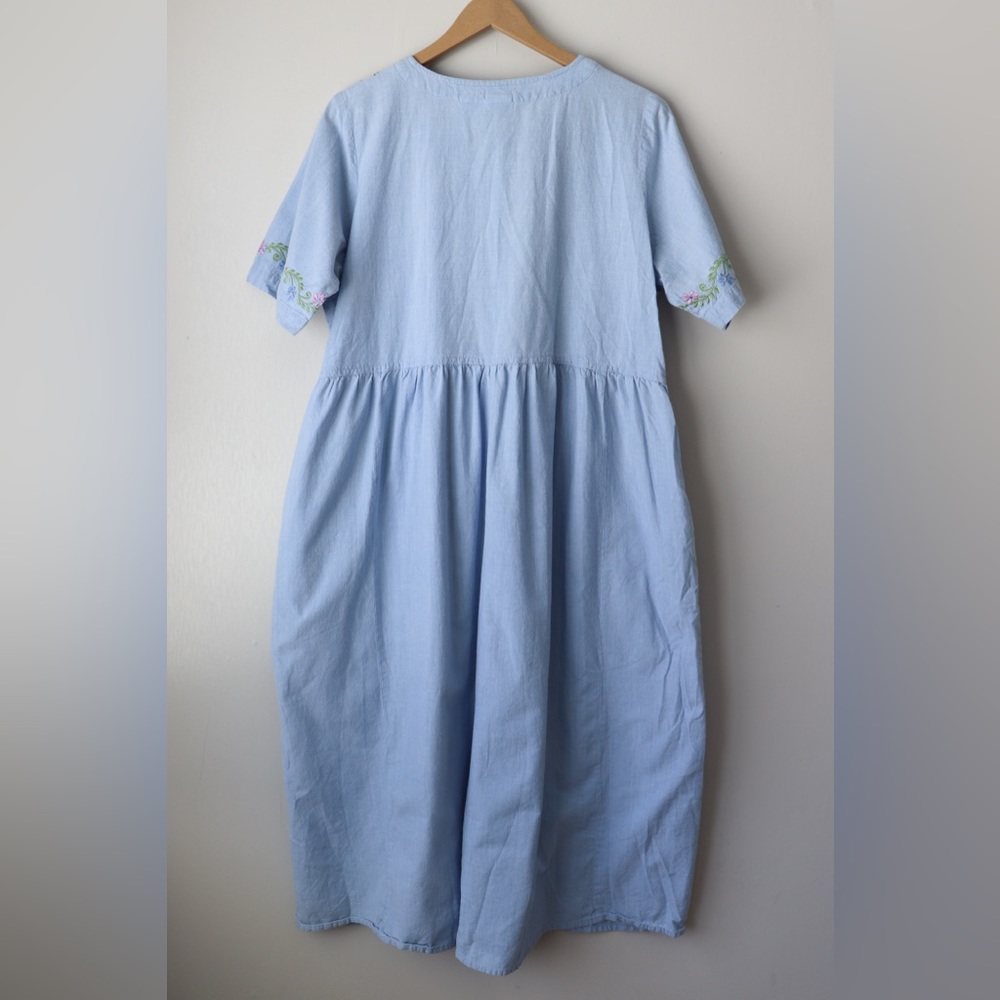 Vintage 90's Y2K Embroidered Cotton Chambray Denim Cottagecore Button Maxi Dress - Picture 6 of 9